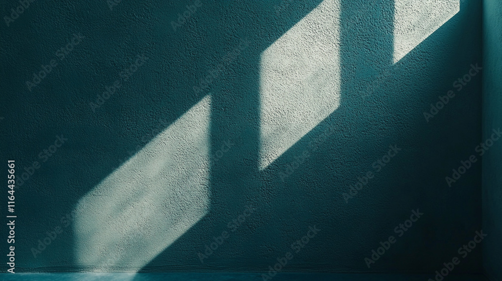 Poster shadows cast by sunlight create patterns on a textured wall in a quiet indoor space