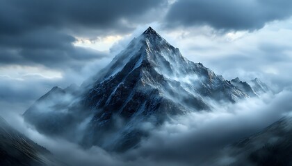 Dramatic mountain peak under storm clouds, light rain creating mist in the air