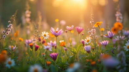 Fototapeta premium Serene Wildflower Meadow at Golden Hour, Vibrant Spring Blooms, Easter Atmosphere, Soft Focus Photography