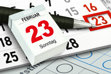 Bundestagswahl und Deutscher Kalender Datum 23. Februar 2025 Sonntag mit Stimmzettel