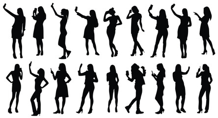 A set of women taking selfie vector silhouette illustration