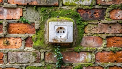 Overgrown Electrical Outlet in a Weathered Brick Wall