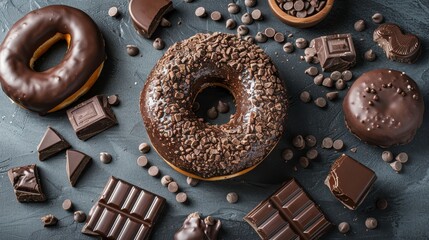 Delicious chocolate donut surrounded by a variety of chocolate treats on a dark background