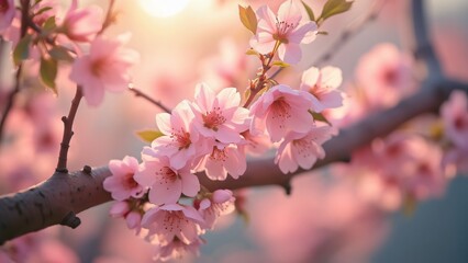Obraz premium Serene Spring Blossoms, Pastel Pink Tree in Warm Sunlight, Delicate Petals, Soft Focus, Gentle Awakening