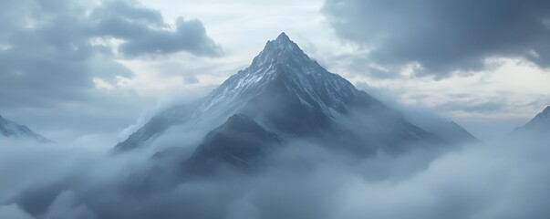 Misty mountain peak surrounded by dense clouds and light rainfall