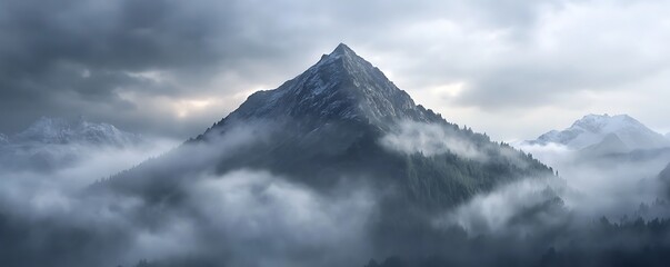 Misty mountain peak surrounded by dense clouds and light rainfall