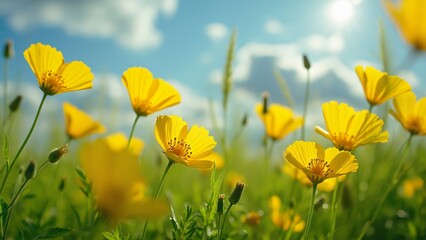 Fototapeta premium Vibrant Yellow Buttercup Flowers in a Sunny Meadow, Close-up View of Delicate Petals and Lush Green Grasses under a Blue Sky