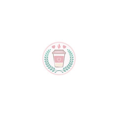 Round isolated logo, with coffee cup, take away. Icon for coffee shop, vector illustration