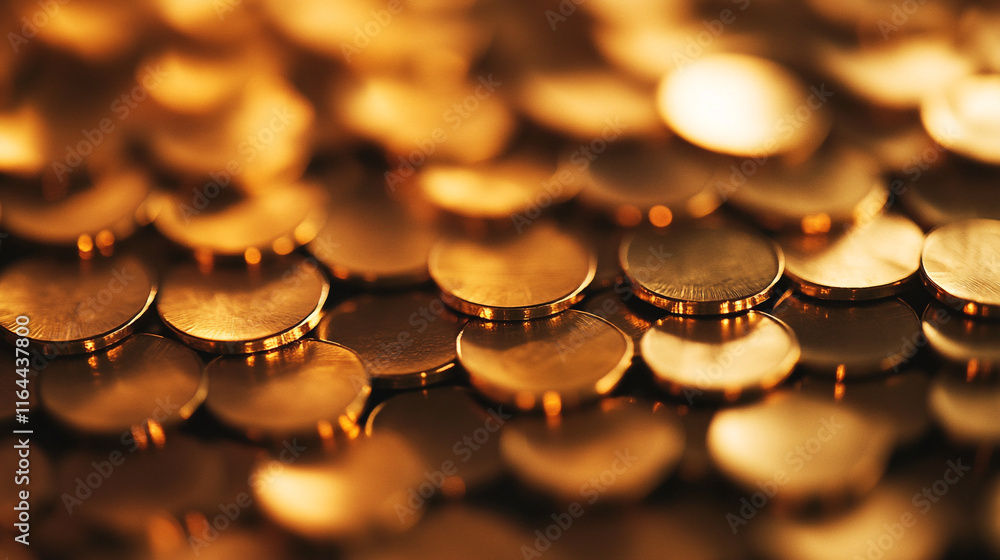 Poster golden coins create a shimmering pattern on a textured surface in warm light