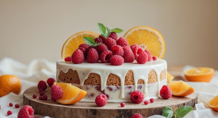 Fresh Fruit Cake with Raspberries and Orange on Wooden Board