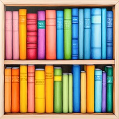 Naklejka premium A vibrant bookshelf filled with colorful books, showcasing a range of sizes and hues, Ideal for educational, literary, or home decor themes, this image conveys knowledge and creativity,