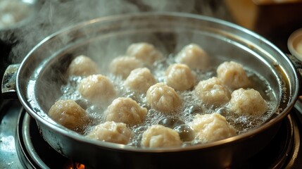 steaming meatballs cooking in boiling broth creating a delicious culinary aroma in a traditional kitchen setting