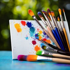 Fototapeta premium A vibrant arrangement of paintbrushes and a canvas splashed with colorful paint, This image is ideal for art-related projects, creative blogs, or promotional materials for art supplies,