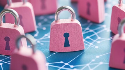 Data security measures pink padlocks on digital circuit background
