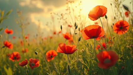 Fototapeta premium Vibrant Red Poppy Meadow, Sun-Drenched Flowers in Golden Light, Emerald Green Grass, and Whispering Wildflowers
