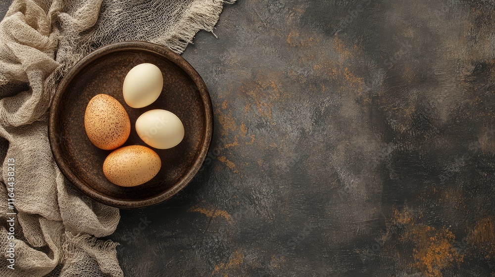Poster boiled eggs in rustic bowl on textured background with space for text healthy food concept decorativ