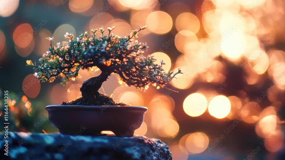 Poster bonsai tree silhouette with bokeh lights in the background creating a serene and tranquil atmosphere