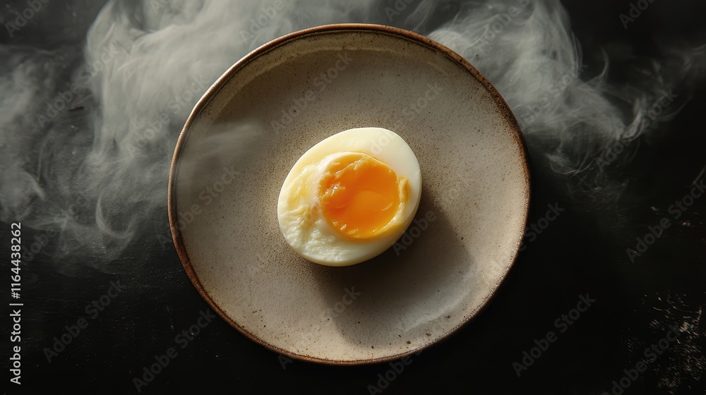 Poster boiled egg served on a rustic round plate with a smoky background highlighting its creamy yolk and s