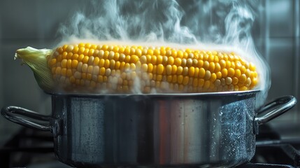 Steaming pot of fresh boiled corn on the cob with vibrant yellow kernels and rising steam in a kitchen setting