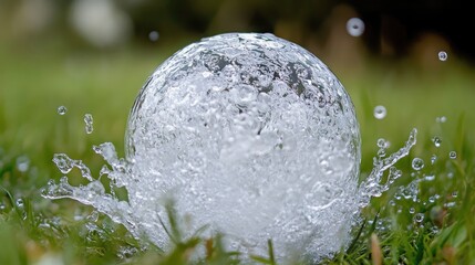 Transparent water bubble surrounded by splashing water on green grass in a natural outdoor setting