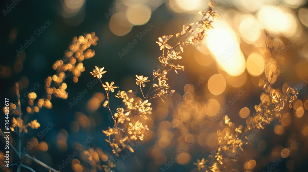Poster golden bokeh background with delicate flowers illuminated by soft sunlight creating a dreamy and ser
