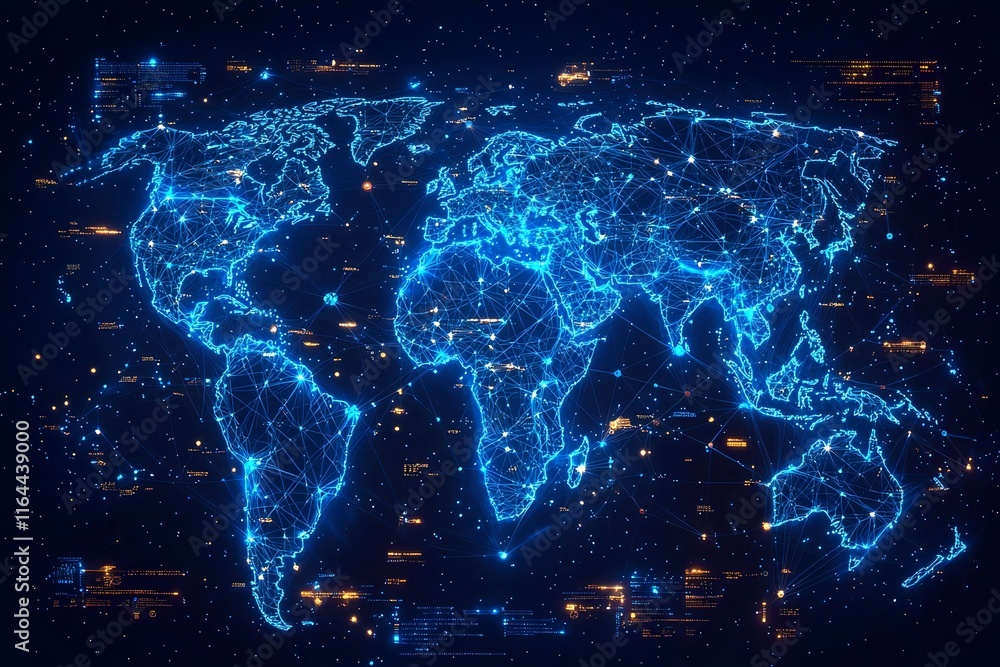 Poster pulsing quantum network on global map showcasing futuristic internet connectivity