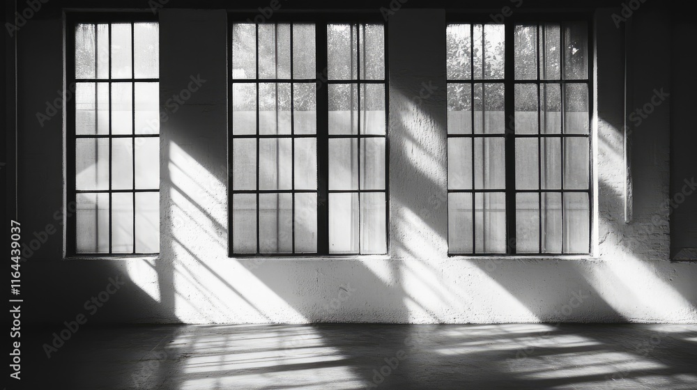 Poster black and white studio windows with light shadows creating a serene atmosphere for photography and a