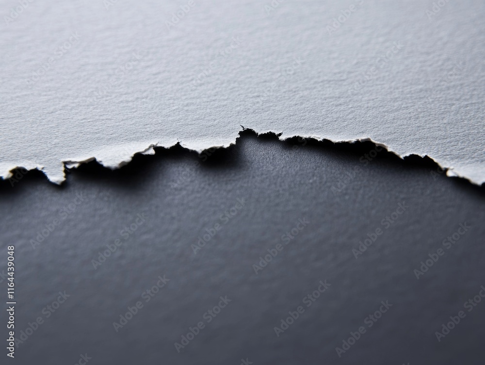 Poster close-up of a torn paper edge creating a striking contrast against a dark background, ideal for desi