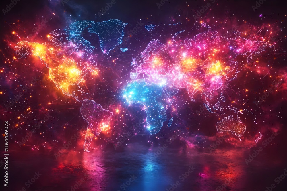 Poster pulsing quantum network across the global map in futuristic atmosphere
