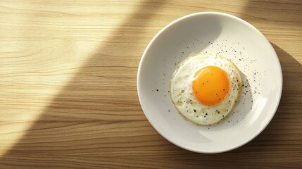 Fried egg served on a white plate with pepper on a wooden table illuminated by natural light