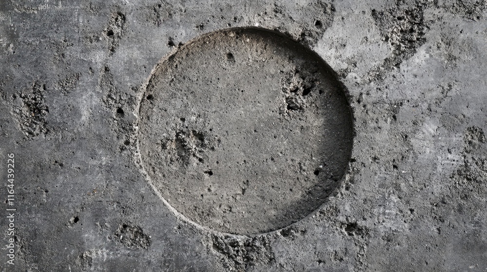 Poster concrete surface with circular indentation and textured background for architectural and industrial 