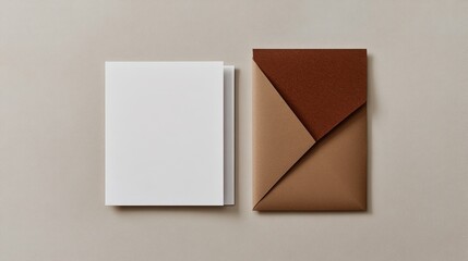 A minimalist composition of a blank notebook and a brown envelope on a neutral background.