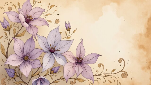 Elegant Lavender Floral Arrangement on Antique Parchment, AI-Generated Botanical Illustration