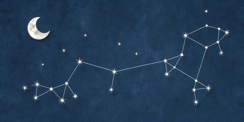 Fototapeta premium Celestial Navigation A Crescent Moon and Star Constellation on a Deep Blue Night Sky