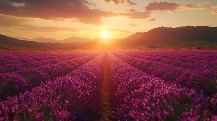 Fototapeta premium Symmetrical Lavender Field Leading Toward Distant Hills at Sunset