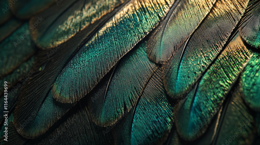 Poster colorful peacock feathers display iridescent textures and patterns in close-up view