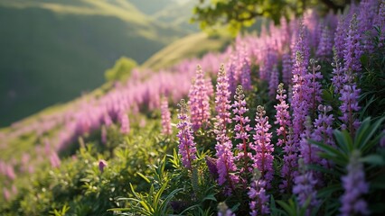 Vibrant Purple Lupine Blooms Cascading Down Lush Green Hillside in Soft Sunlight