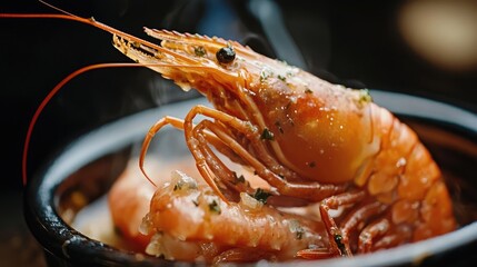 Boiled river shrimp with herbs served in a flavorful spicy soup garnished with aromatic spices and steam rising from the bowl