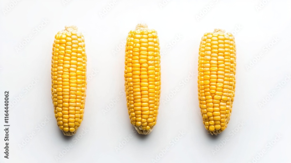 Poster boiled corn on the cob arranged in a row isolated on a clean white background for food and cooking c