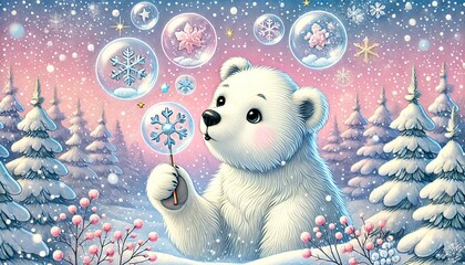 Obraz premium Playful polar bear with snowflake bubbles