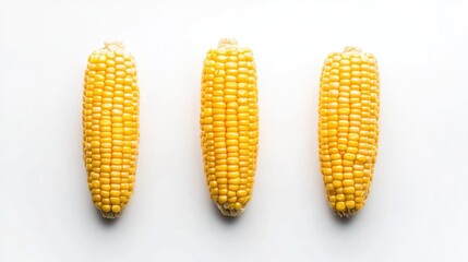 Boiled corn on the cob arranged in a row isolated on a clean white background for food and cooking concepts