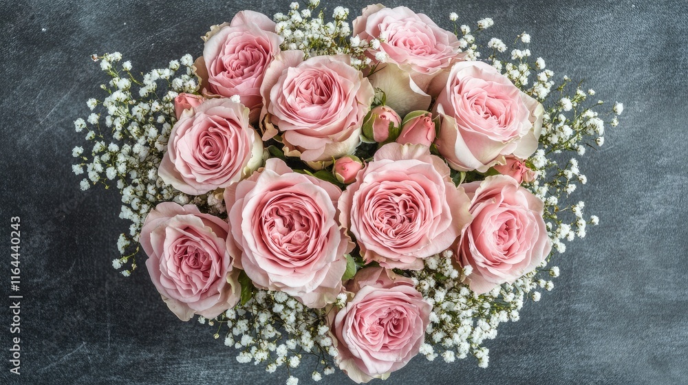 Poster delicate pink roses and babyâ€™s breath arranged on a chalkboard background with empty space for tex