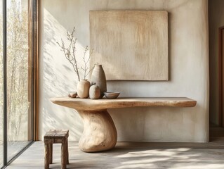 A large wooden table with a vase on it. A stool is next to the table. A painting is on the wall