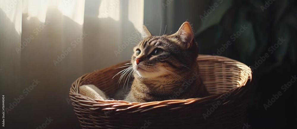 Aufkleber cozy cat lounging in a warm basket while sunbeams stream through a window creating a serene home atm