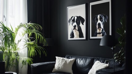 Stylish interior with black and white dog portraits on a dark wall showcasing modern home decor and a cozy atmosphere