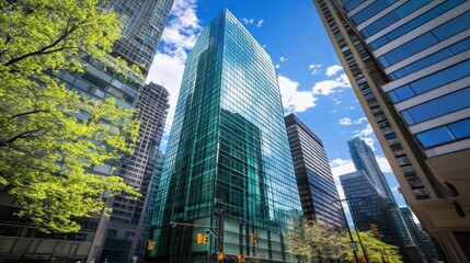 Fototapeta premium Modern Cityscape: Skyscrapers and Springtime Greenery