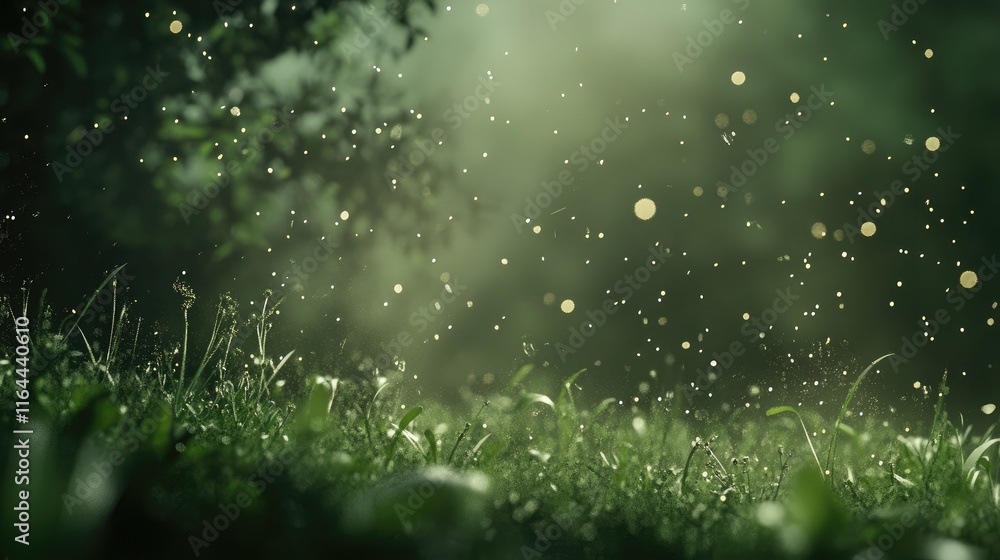 Poster bokeh background with soft green tones and sparkling light particles in a serene natural setting