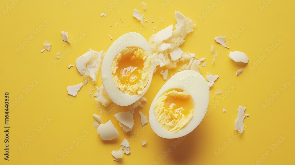 Poster boiled eggs with yolk visible on a bright yellow background showcasing sliced texture and shells sca