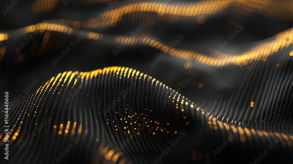 Poster elegant golden bokeh effects on a textured black fabric surface creating a mesmerizing abstract back