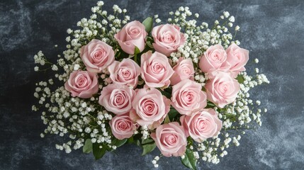 Floral arrangement of soft pink roses and babyâ€™s breath on a chalkboard background with empty space for text or branding.